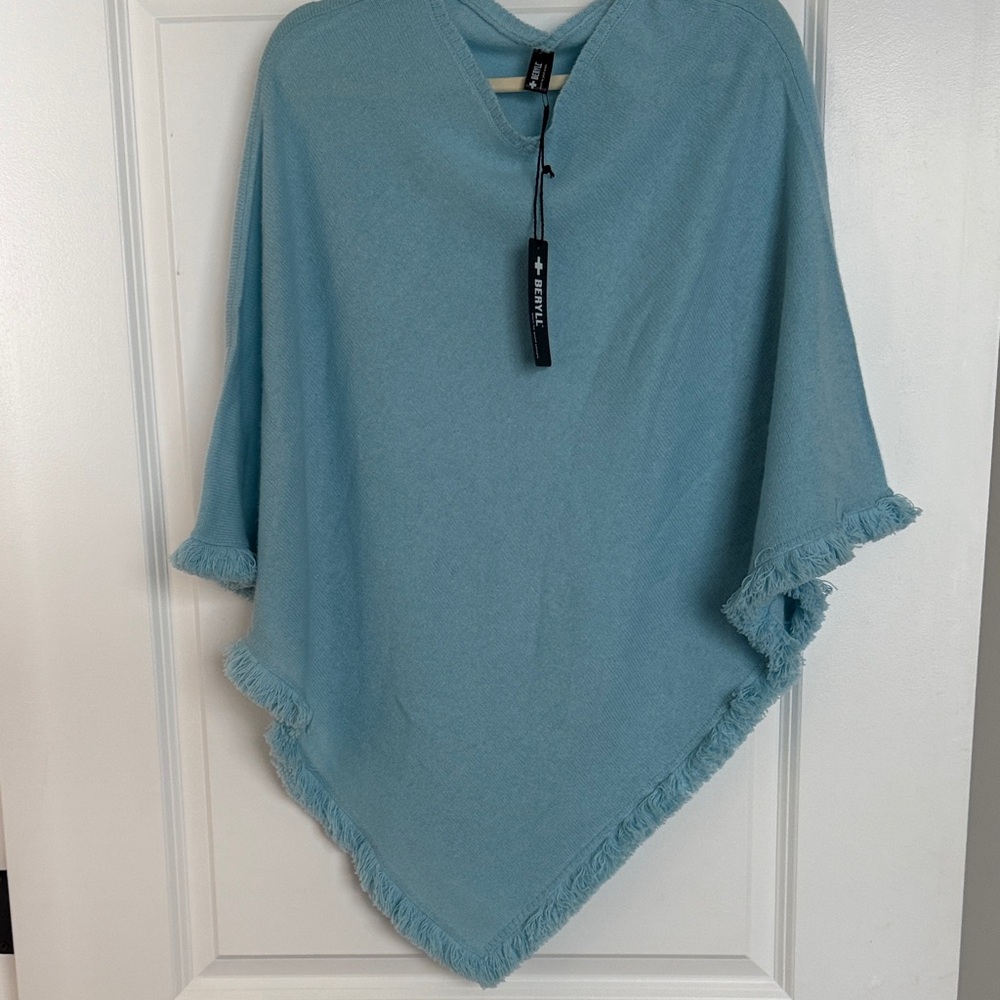 Beryll Sky Blue Fringe Women's Poncho O/S 100% Cashmere - Picture 2 of 4